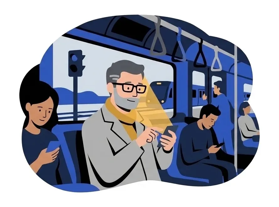 Marcus on the train looking at his phone, with a woman looking at hers beside him and a man looking at his across the aisle, a traffic light outside the window
