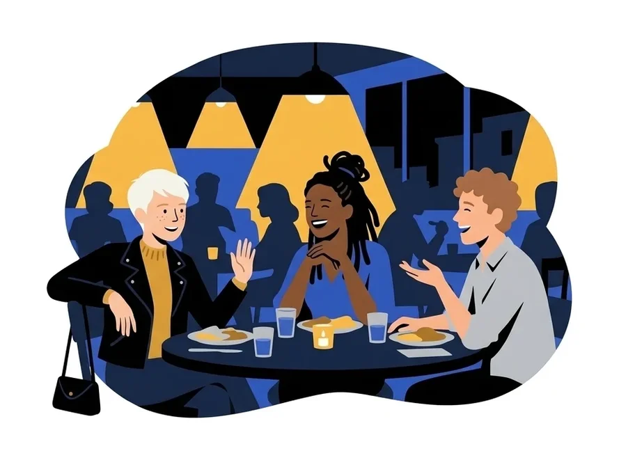 Ingrid at a restaurant table with two friends, talking and sharing food, a bag hanging from her chair