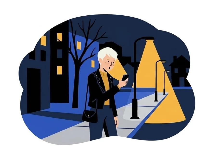 Ingrid walking along a city street at night under a streetlight, reading her phone