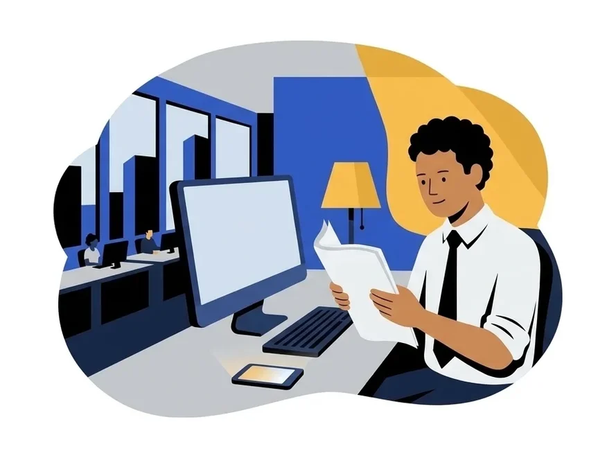 Diego at his desk reading a printed report, a computer monitor beside him and his phone lying face up on the desk