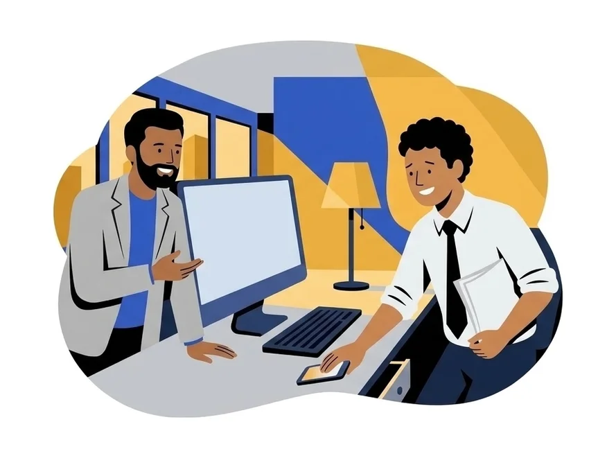 Diego smiling at his desk while Vikram leans in beside him, the report in his hand