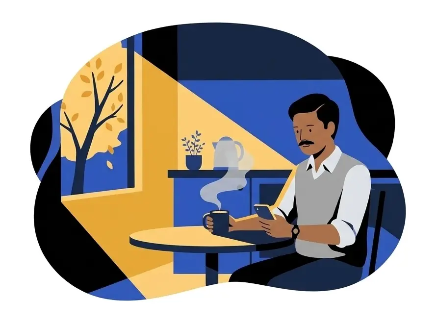 Arjun at a small café table with a mug of coffee, looking at his phone, a kettle and a tree in autumn colour behind him
