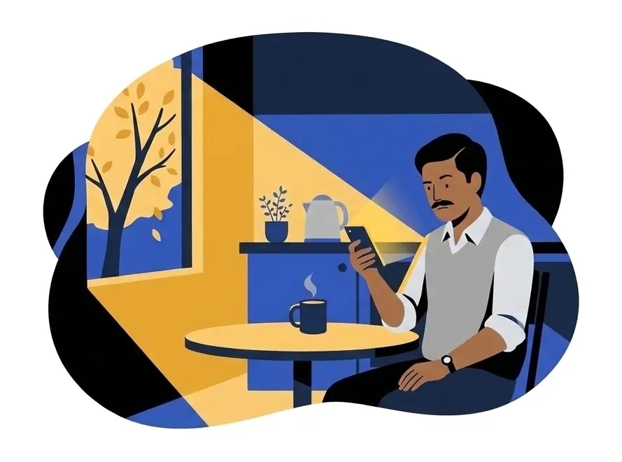 Arjun at the café table holding his phone up in one hand, the coffee mug steaming beside him
