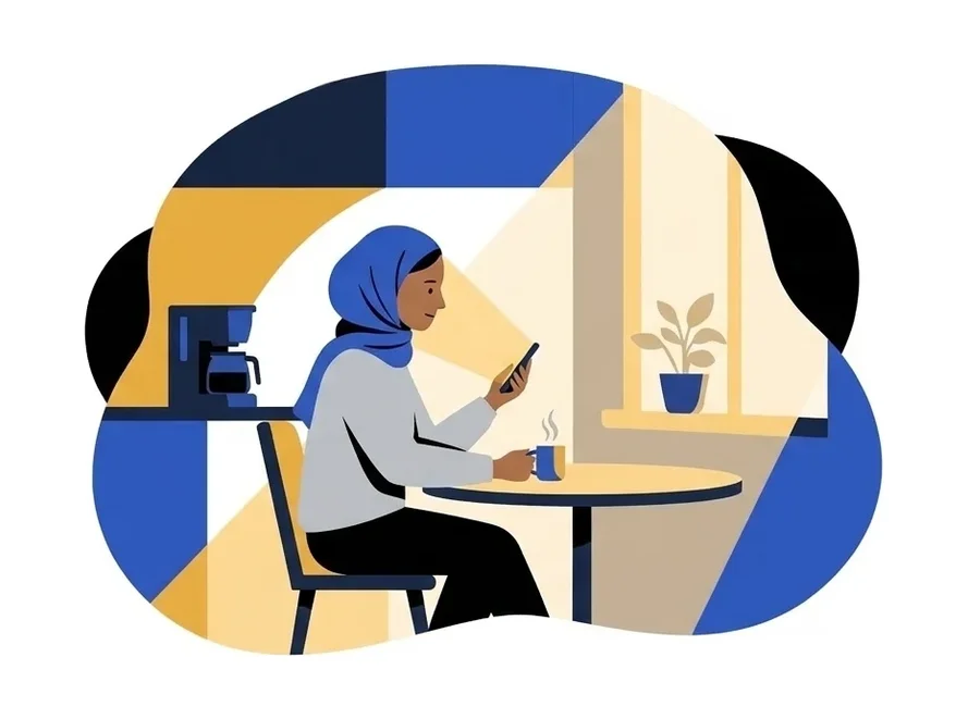 Aisha sitting at a small round table in the morning light with a mug, looking at her phone