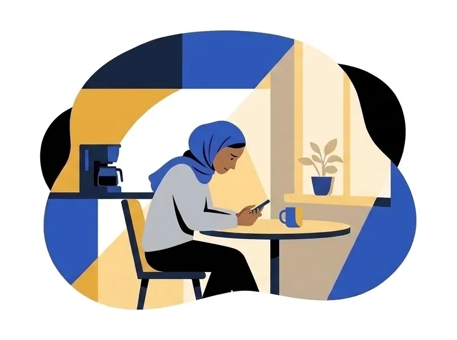 Aisha at the table with her phone in her hands, the mug in front of her and a plant on the windowsill