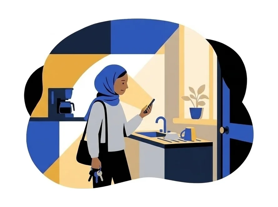 Aisha standing by the table with a bag over her shoulder, her phone in one hand and her keys nearby