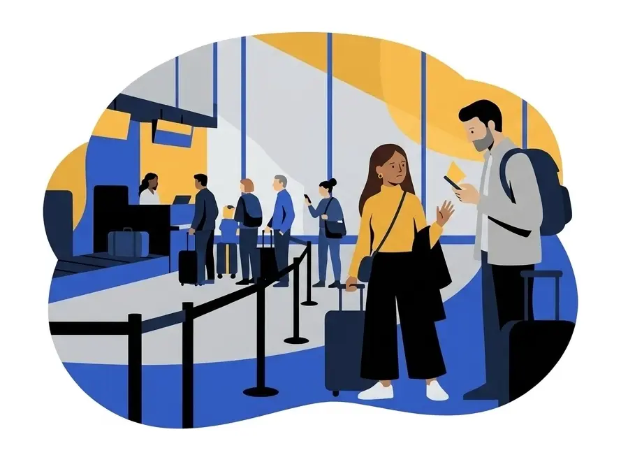 Noor in a bag drop queue at the airport with a suitcase, a coat over her arm, handing her phone to a man with a backpack behind her