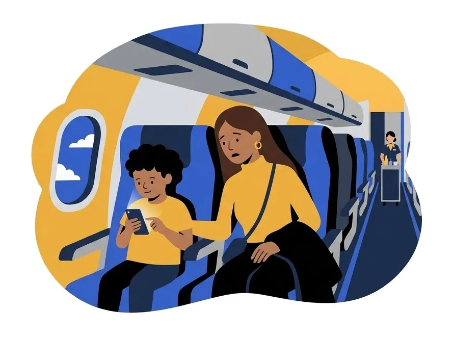 Noor’s nephew by the window on a plane, holding a phone, with Noor in the next seat reaching toward it