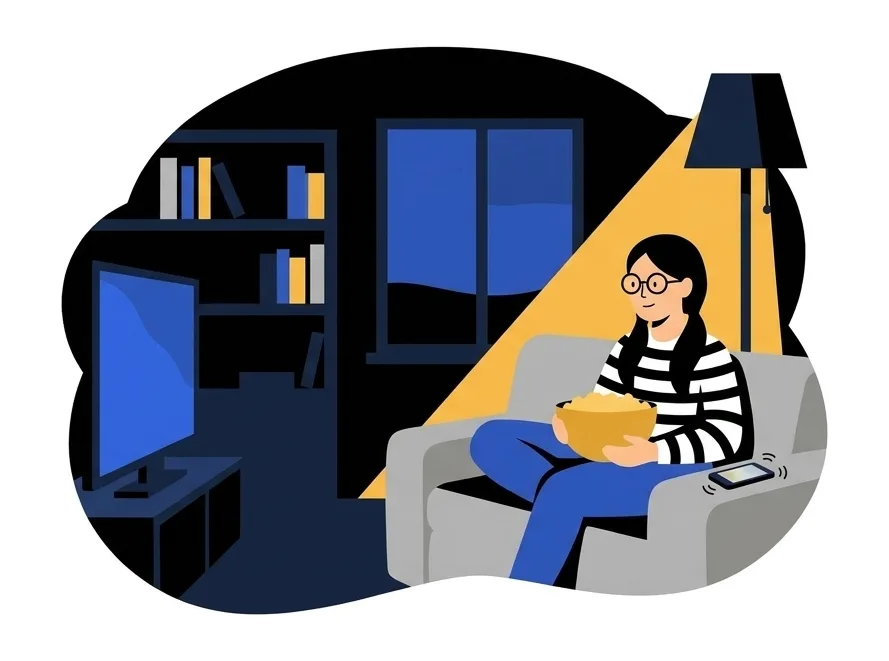 Mei on a sofa in a dim living room with a bowl of popcorn in her lap, a phone buzzing on the arm beside her, a television and a lamp behind