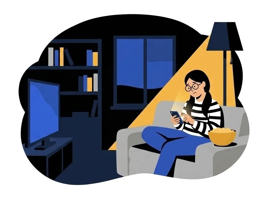 Mei on the sofa looking down at her phone, the popcorn bowl beside her, the television glowing in the dark room