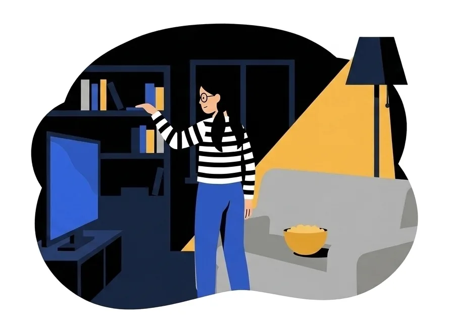 Mei standing at a bookshelf in the dim living room, reaching up to put her phone on a shelf, the sofa and popcorn bowl empty behind her