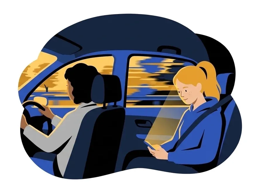 Elena in the back seat of the car looking at her phone, its light on her lap, with Nadia driving in the front and the sunset streaking past the windows