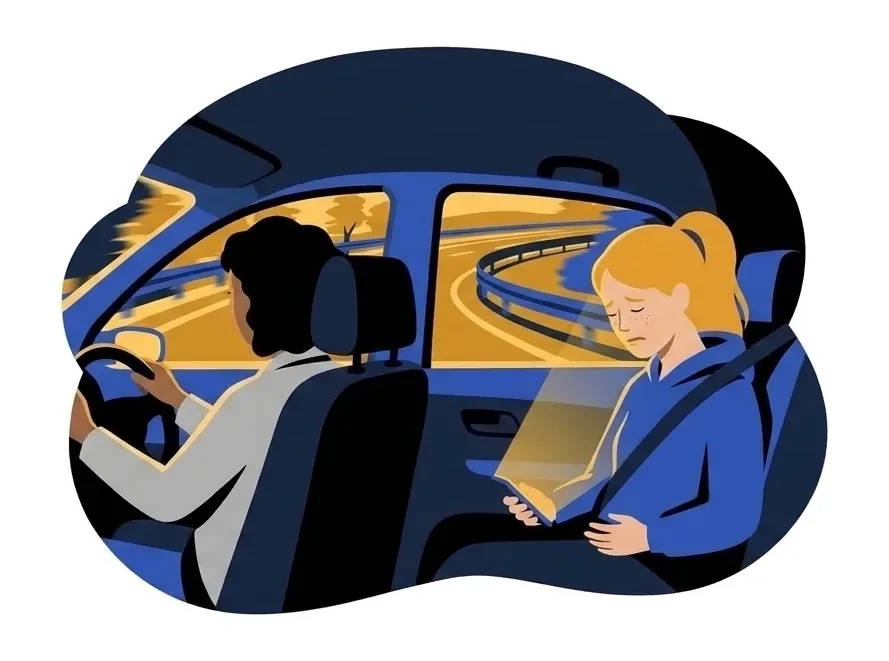 Elena in the back seat scrolling her phone while the car follows a long curve, the road bending through the window beside her