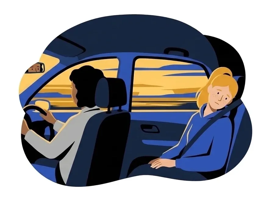 Elena leaning her head against the car window with her phone put away, while Nadia drives in the front seat