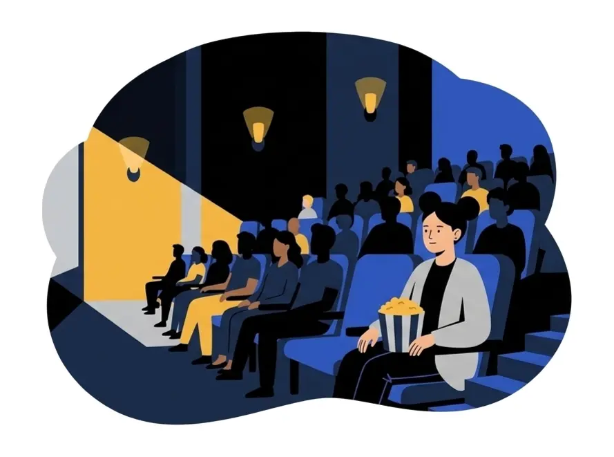Yuki in a full cinema seat with a bucket of popcorn on her lap, rows of people in the dark behind her