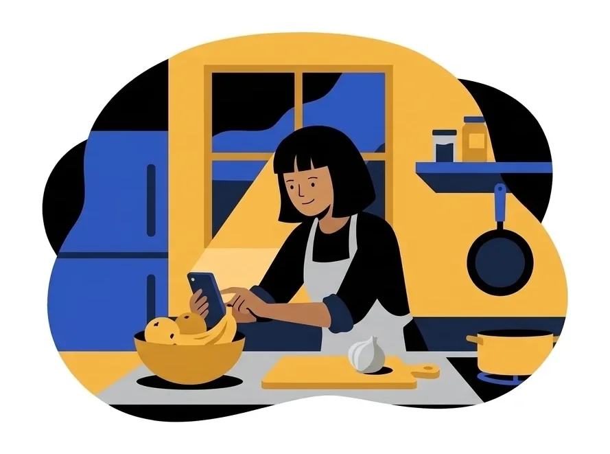 Leila in an apron in her kitchen, looking down at her phone propped against a bowl of fruit, a cutting board and pan beside her