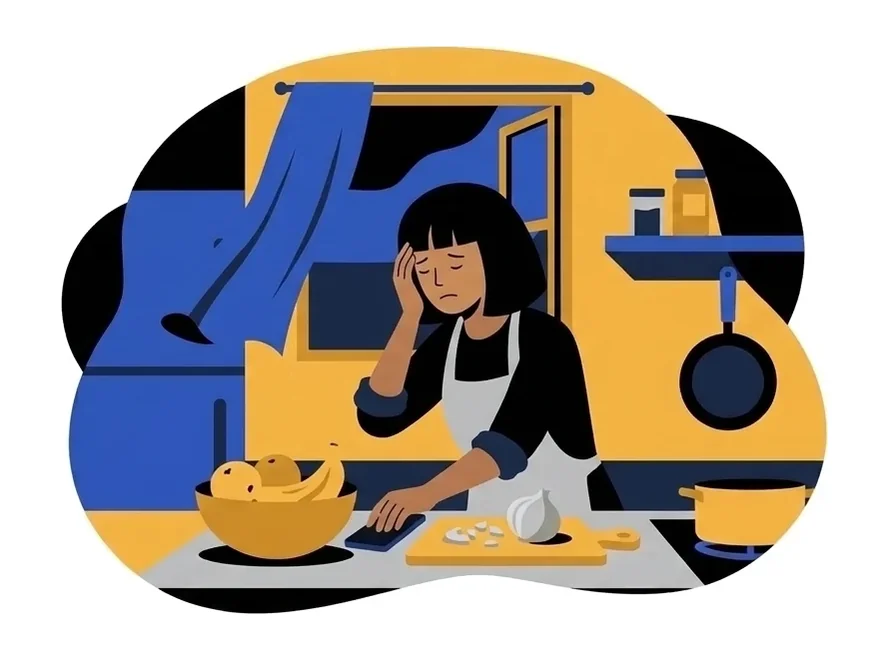 Leila at the counter with one hand to her forehead, the phone lying face down in front of her