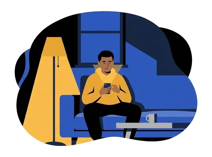 Omar sitting upright on a couch in a lamplit living room, holding his phone, a mug on the table in front of him