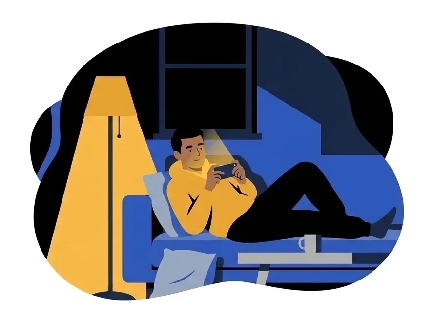 Omar reclined on the couch with his legs stretched out, the phone held up close to his face in the dark room